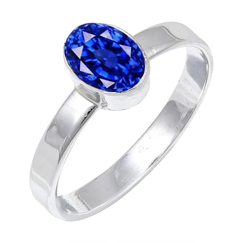 JEWELSTREZORO Blauer Saphir im Labor gezüchtet Edelstein 925 Sterling Silber Stilvoller handgefertigter Band Ring Geschenkartikel Männer & Frauen alle Größen Jewerly TSR129AO_12 (58 (18.5)) von JEWELSTREZORO