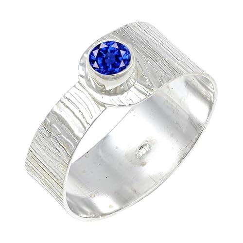 JEWELSTREZORO Blauer Saphir im Labor gezüchtet Edelstein Männer & Frauen 925 Sterling Silber Stilvoller handgefertigter Band Ring Geschenkartikel TSR135AO_16 (62 (19.7)) von JEWELSTREZORO