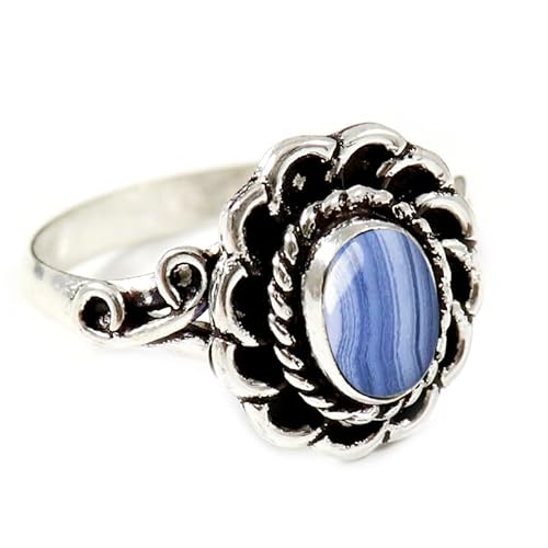 JEWELSTREZORO Blauer Spitzenachat Edelstein 925 Sterling Silber Stilvoller handgefertigter Band Ring Geschenkartikel Männer & Frauen alle Größen Jewerly TSR183CG_7 (53 (16.9)) von JEWELSTREZORO