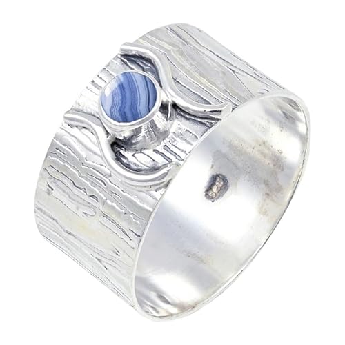 JEWELSTREZORO Blauer Spitzenachat Edelstein Männer & Frauen 925 Sterling Silber Stilvoller handgefertigter Band Ring Geschenkartikel TSR114CG_12 (58 (18.5)) von JEWELSTREZORO