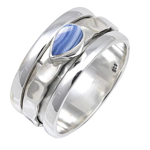 JEWELSTREZORO Blauer Spitzenachat Edelstein Männer & Frauen 925 Sterling Silber Stilvoller handgefertigter Band Ring Geschenkartikel TSR141CG_18 (64 (20.4)) von JEWELSTREZORO