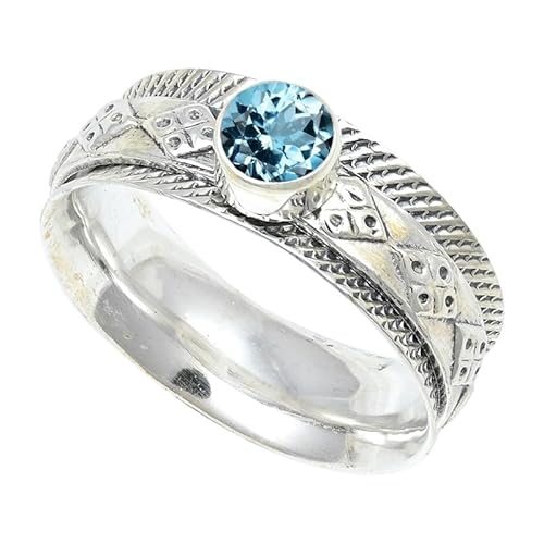 JEWELSTREZORO Blauer Topas Edelstein-für Herren und Damen925er-SterlingSilber Stilvoller handgefertigter Band Ring Geschenkartikel Schmuck TSR150AK_1 (47 (15.0)) von JEWELSTREZORO