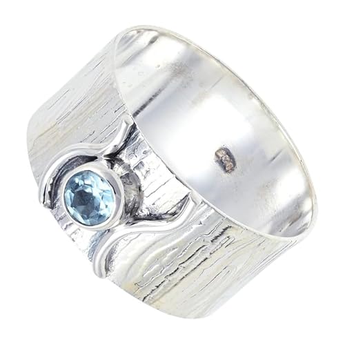 JEWELSTREZORO Blautopas Edelstein Bandring 925 Sterling Silber Ring Herren & Damen Bandring Geschenkartikel Handgefertigter Schmuck TSR114D_58 (18.5) von JEWELSTREZORO