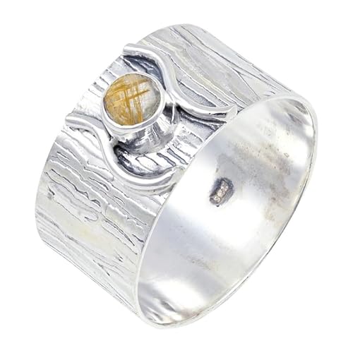 JEWELSTREZORO Goldener Rutilquarz Edelstein 925 Sterling Silber Stilvoller handgefertigter Band Ring Geschenkartikel Herren & Damen Schmuck TSR114BM_8 (54 (17.2)) von JEWELSTREZORO