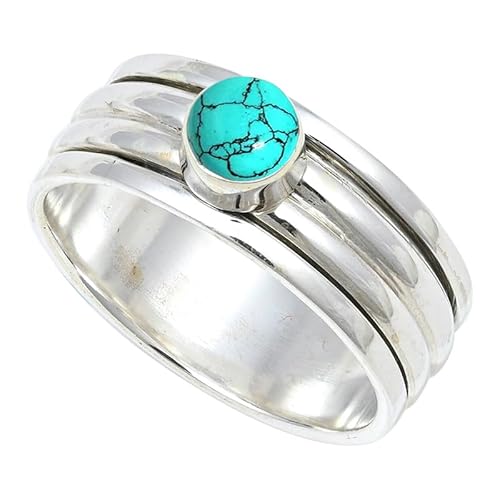 JEWELSTREZORO Im Labor hergestellter Türkis Edelstein 925 Sterling Silber Stilvoller handgefertigter Band Ring Geschenkartikel Herren & Damen Schmuck TSR148BU_10 (56 (17.8)) von JEWELSTREZORO