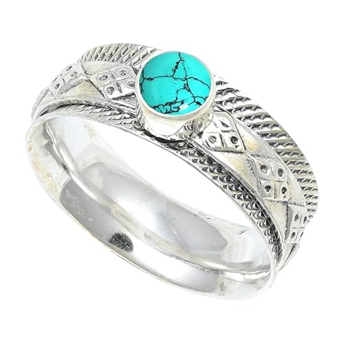 JEWELSTREZORO Im Labor hergestellter Türkis Edelstein 925 Sterling Silber Stilvoller handgefertigter Band Ring Geschenkartikel Männer & Frauen alle Größen Jewerly TSR150BU_5 (51 (16.2)) von JEWELSTREZORO