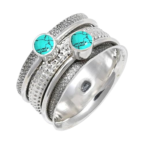 JEWELSTREZORO Im Labor hergestellter Türkis Edelstein Männer & Frauen 925 Sterling Silber Stilvoller handgefertigter Band Ring Geschenkartikel TSR149BU_24 (70 (22.3)) von JEWELSTREZORO