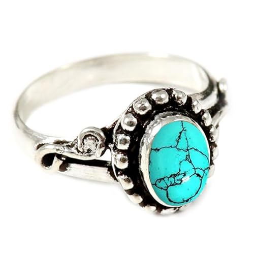 JEWELSTREZORO Im Labor hergestellter Türkis Edelstein Männer & Frauen 925 Sterling Silber Stilvoller handgefertigter Band Ring Geschenkartikel TSR190BU_23 (69 (22.0)) von JEWELSTREZORO