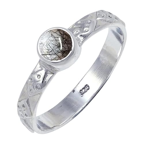 JEWELSTREZORO Laborgezüchteter schwarzer Rutil Quarz Edelstein 925 Sterling Silber Stilvoller handgefertigter Band Ring Geschenkartikel Männer & Frauen Alle Größen TSR111BL_4 (50 (15.9)) von JEWELSTREZORO