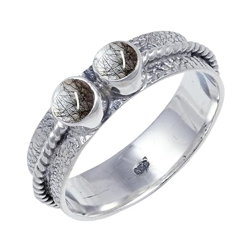 JEWELSTREZORO Laborgezüchteter schwarzer Rutil Quarz Edelstein-für Herren und Damen925er-SterlingSilber Stilvoller handgefertigter Band Ring Geschenkartikel Schmuck TSR112BL_26 (72 (22.9)) von JEWELSTREZORO