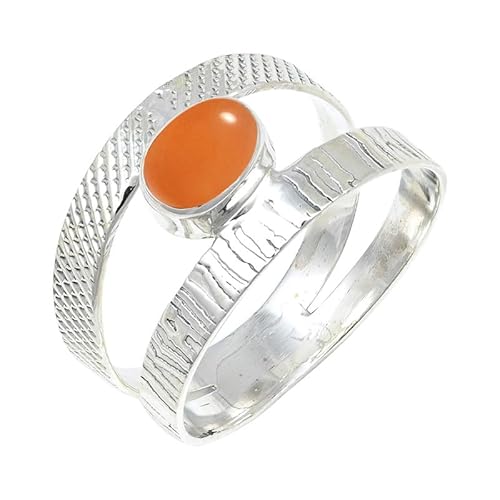JEWELSTREZORO Pfirsichfarbener Mondstein Edelstein 925 Sterling Silber Stilvoller handgefertigter Band Ring Geschenkartikel Herren & Damen Schmuck TSR131BR_7 (53 (16.9)) von JEWELSTREZORO