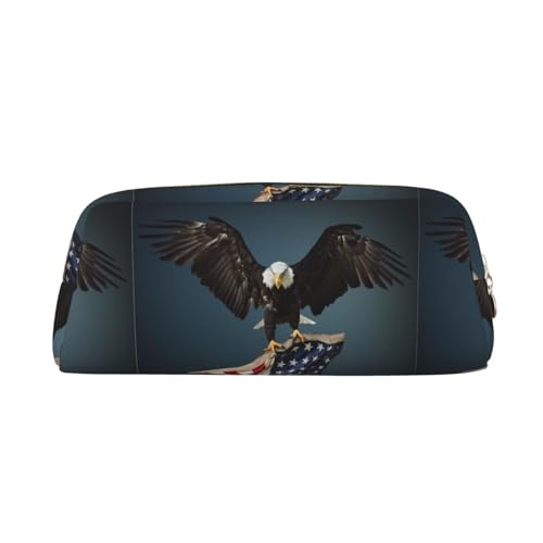 JEWOSS Federmäppchen mit 3D-Weißkopfseeadler mit amerikanischer Flagge, Unisex, Federmäppchen, Kosmetiktasche, kleine Schmuckaufbewahrungstasche, stilvolles Leder, Reißverschluss, Stifteetui – von JEWOSS