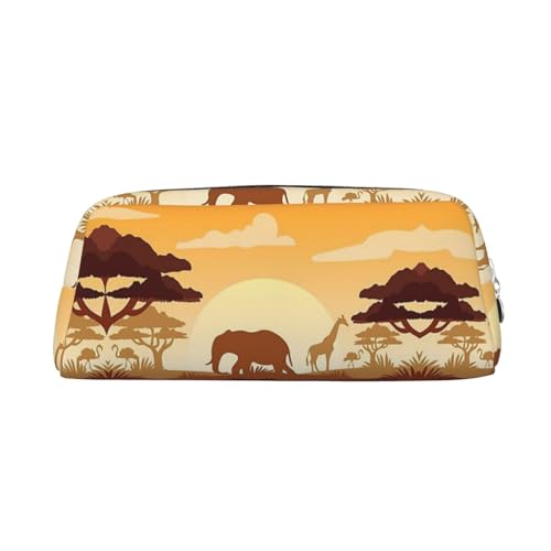 JEWOSS Federmäppchen mit Elefant und Giraffe im Sonnenuntergang, Unisex, Federmäppchen, Kosmetiktasche, kleine Schmuckaufbewahrungstasche, stilvolles Leder, Reißverschluss, Stifteetui – hochwertiges von JEWOSS