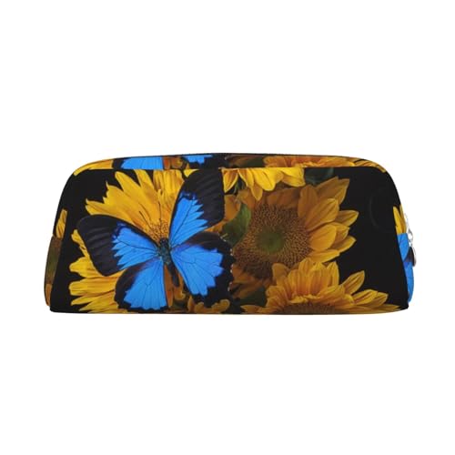 JEWOSS Federmäppchen mit gelben Sonnenblumen und blauen Schmetterlingen, Unisex, Kosmetiktasche, kleine Schmuckaufbewahrungstasche, stilvolles Leder, Reißverschluss, Stifteetui – hochwertiges von JEWOSS