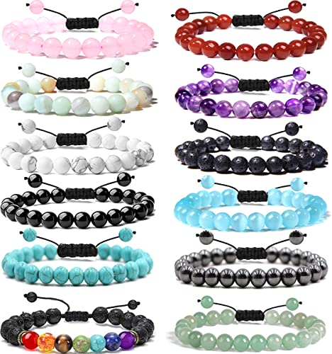 12 Stück 8 mm Halbedelstein-Armband-Set, Kristallstein-Armbänder für Männer und Frauen, runde Perlen, verstellbare Makramee-Armbänder, 5.9 - 10.6 inches, Metall, Zirkonia 12 Stück 8 mm Halbedelstein-Armband-Set, Kristallstein-Armbänder für Männer und Frauen, runde Perlen, verstellbare Makramee-Armbänder, 5.9 - 10.6 inches, Metall, Zirkonia von JEWPARK