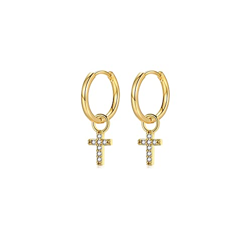 Creolen Gold Damen mit Kreuz Anhänger für Mädchen Frauen | Klein Gold Kreuz Ohrringe Ohrhänger Gold Creolen Set von JEWTOP