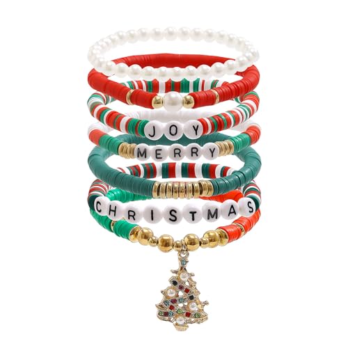 JEWTOP Weihnachten Armbänder Set für Frauen Mädchen, Frohe Weihnachten Armband mit Charms Weihnachtsbaum, Elastische bunte Tonperlen Armbänder Weihnachtsschmuck für Damen Weihnachtsgeschenke von JEWTOP