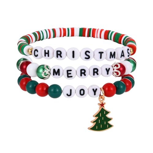 JEWTOP Weihnachtsschmuck Perlen Armbänder Set für Damen Mädchen, Frohe Weihnachten Armband mit Charms Weihnachtsbaum, bunte Perlen Stretch Armband Weihnachten Geschenke von JEWTOP