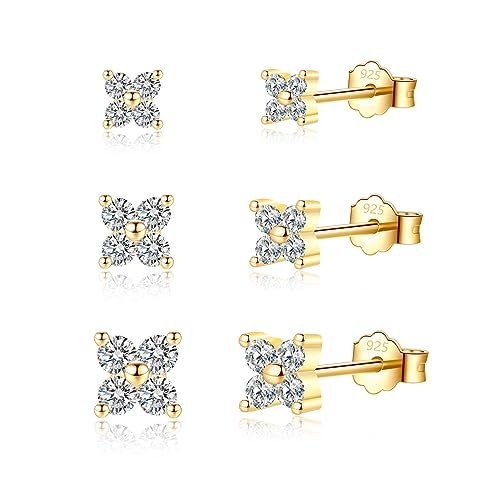 Ohrstecker Set Gold Ohrringe | 3 Paar Ohrringe mit Zirkonia Funkelnd Ohrstecker Silber Set für Damen Herren Mädchen Knorpel Tragus Helix 2,5mm/3,5mm/4mm von JEWTOP