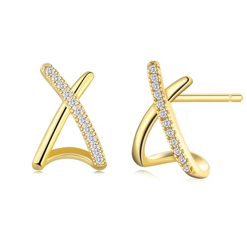Ohrstecker Silber 925 Ohrringe Gold für Damen Mädchen Kleine Geometrische Crossover Ohrringe mit 5A+Zirkonia Vergoldet Ohrringe Goldene Schmuck Geschenke von JEWTOP