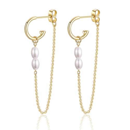 Vergoldet Lang Ohrringe Hängend, Hängeohrringe mit Perlen für Damen Frauen, Hypoallergen Tropfen Baumeln kette Ohrringe Gold von JEWTOP
