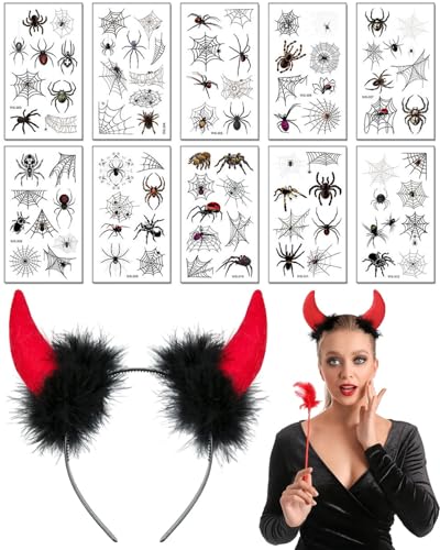 JEXOWIQ 1 pcs Teufel Ohren Haarband Haarreifen,10 Blätt Halloween Tattoos Spinnen,Teufelsohren,Fasching Karneval Halloween Party Kostüm Headwear,für Halloween Kostümpartys Kostüm Zubehör Cosplay von JEXOWIQ