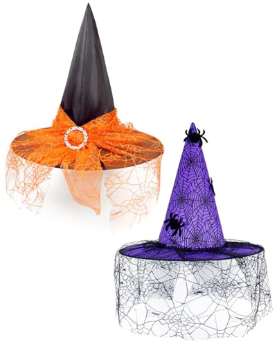 JEXOWIQ 2 pcs Halloween Hexenhut,Hexenhut Halloween Party Hüte Kostüm Zubehör Kostüm,Zauberer Partyhüte mit Spinnennetz,für Halloween Kostümpartys Karnevalshut Party Hüte Kostüm Zubehör Cosplay von JEXOWIQ