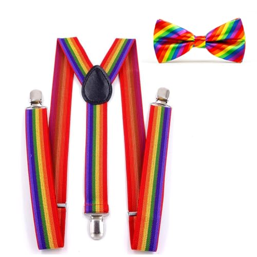 JEXOWIQ 2 pcs Regenbogen Hosenträger Fliege Set, Y-Rücken-Stil Verstellbar Elastisch mit Metallclips Unisex für Pride, gay Stolz Veranstaltungen, Sommer und Festival Cosplay Party von JEXOWIQ