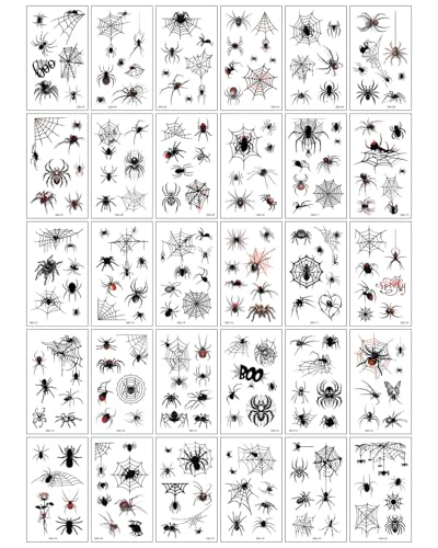 JEXOWIQ 30 Blätt Halloween Tattoos Spinnen Tattoo Gesicht Spinnentattoos 3D Realistisch Fake Tattoos Spinnennetz Temporäre Tattoos Vampir Tattoos Halloween Deko Horror Aufkleber Gesicht Cosplay Kostüm von JEXOWIQ