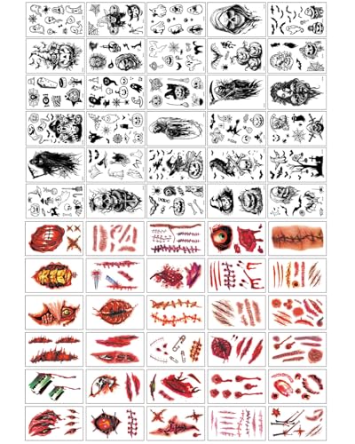 JEXOWIQ 60 Blätt Halloween Tattoo Narben Zombie Schminke Erwachsene Kinder Fake Tattoos Wunden Halloween Make Up, Wasserdicht Vampir Temporäre Tattoos Halloween Deko Horror Aufkleber Gesicht Cosplay von JEXOWIQ