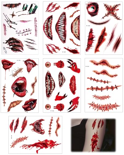 JEXOWIQ 7 Blätt Halloween Tattoo Narben Zombie Schminke Erwachsene Kinder Fake Tattoos Wunden Halloween Make Up, Wasserdicht Vampir Temporäre Tattoos Halloween Deko Horror Aufkleber Gesicht Cosplay von JEXOWIQ