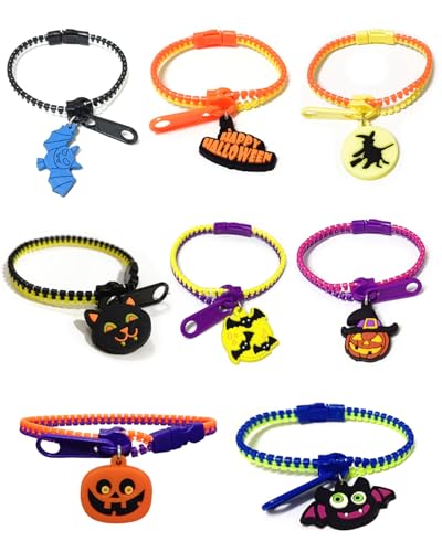 JEXOWIQ 8Stück Halloween Reißverschluss Armbänder Kinder Zip Freundschaftsarmbänder Zappeln Armbänder mit Geister Kürbis Hexe Anhänger Halloween Dekoration,für Partys Mitgebsel Geschenktüten von JEXOWIQ