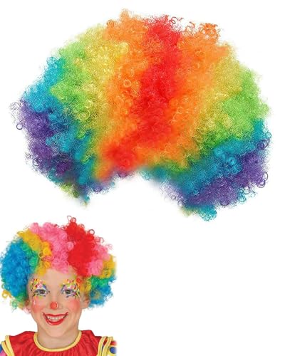 JEXOWIQ Afro Clown Perücke, 70er Jahre Regenbogen Bunt Riesig Funky Disco Clown,Lockenkopf Lockenperücke,Afroperücke,für Halloween Kostümpartys Karnevalshut Party Hüte Kostüm Zubehör Cosplay von JEXOWIQ