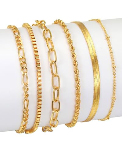 JEXOWIQ Armbänder für Damen,6 Pcs Gold Armbänder Armband Damen,Cubic Zirkonia Gold Armband Damen,18k Vergoldet Armband Damen,Ketten Armbander Set,Gold Armband Set für Damen Mädchen von JEXOWIQ