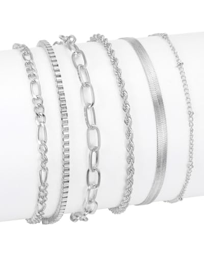 JEXOWIQ Armbänder für Damen,6 Pcs Silber Armbänder Armband Damen,Cubic Zirkonia Silber Armband Damen,Silber Armband Damen,Silber Armband Set für Damen Mädchen,Ketten Armbander Set von JEXOWIQ