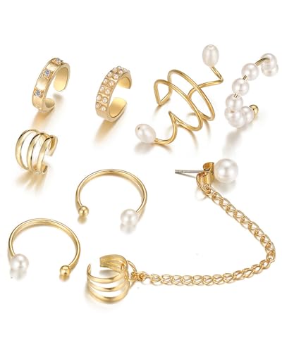 JEXOWIQ Hip Hop Punk Gold Farbe Kette Kreis Hoop Ohrring Set Frauen Ohrclip Manschette Quaste Perle Zirkon Ohrringe Schlange Ohrstecker,Fake Piercings Ohrklemme Ear Cuff Fake Ohr Face Piercings Ohr von JEXOWIQ