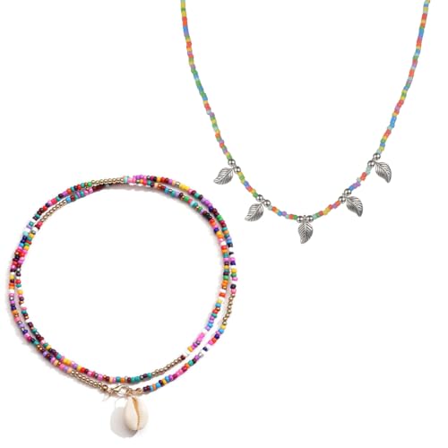 JEXOWIQ Kette Damen - 2 pcs Boho-Halskette,2 Stile Bunte Halskette Damen, Bunte Ketten, Bunte Perlenkette, Boho Schmuck Damen, Hippie Kette Boho Style Outer Banks Schmuck von JEXOWIQ