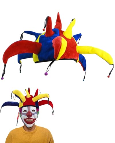 JEXOWIQ Narrenkappe Clown Hofnarr Mütze Mit Glocken, Narr Hut Lustige Kostüm Jester Fancy Dress Party Zubehör,für Halloween Kostümpartys Karnevalshut Party Hüte Kostüm Zubehör Cosplay von JEXOWIQ