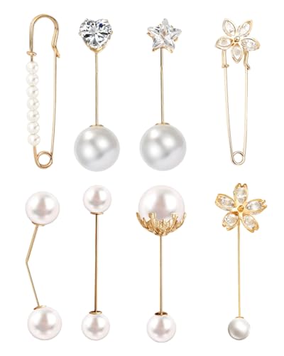 JEXOWIQ broschen für kleidung - 8 Stück Damen Brosche Pin,Pullover Schal Clips Kunstperlen Brosche Pins Strass Brosche Set Gold Brosche mit Perle Damen Brosche Pin Brosche für Kostüm Hemd Zubehör von JEXOWIQ