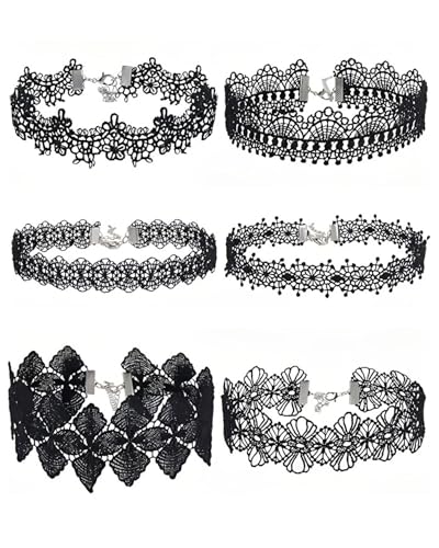 JEXOWIQ halsband - 6 pcs Spitzen Choker Schwarz Gothic Halsband Tattoo Spitze Punk Halskette Damen Mädchen Halloween Accessoires von JEXOWIQ