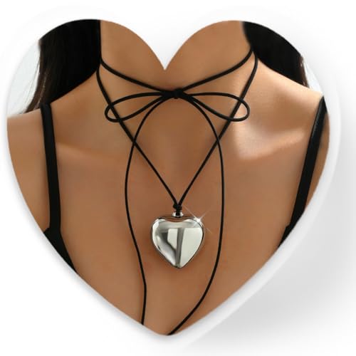 JEYORZY 1 Pcs Vintage Geschichtet Leder Herz Choker Halskette Schwarzer Samt Choker Halskette Silber Puffy Herz Anhänger Halskette Lange Wildleder Binden Bis Choker Schwarz Damen Für Frauen Mädchen von JEYORZY