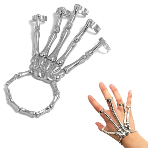 JEYORZY 1 pcs Skelett Hand Ringe Halloween Skull Armband Handknochen Punk Gothic Skelettarmband Horror Knochen Armband mit Rring Gelenkfinger Bracelet Schädel Handschmuck für Erwachsene Party Kostüm von JEYORZY