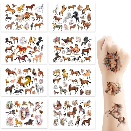 JEYORZY 10 Blätter Tattoo Kinder, Pferde Tattoos für Mädchen Jungen Tatoos, Pferde Spielzeug, Wasserdichte Kindertattoos Aufkleber, Pferde Mädchen Geschenke ab 5 6 7 8 9 10 11 12 Jahre von JEYORZY
