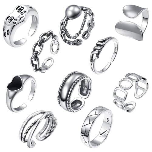 JEYORZY 10 Stücke Ring, Ringe Damen, Silber Ringe Set, Frauen Trendy Stapel Ringe, Verstellbare Finger Ringe Offene Knoten Verschiedene Stapelbare Gelenkschwanz Strand Boho Ringe für Frauen Mädchen von JEYORZY