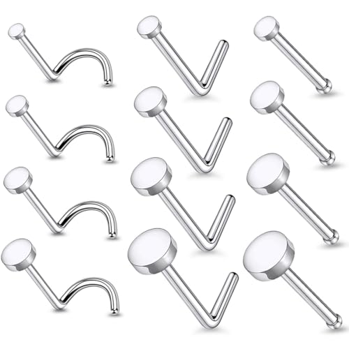 JEYORZY 12 Stück Nasenpiercing Stecker, Chirurgenstahl Nasenstecker Silber Nostril Piercing Damen Screw/Straight/L-Form Nasenpiercing Ring Nasen Nase Stud Nose Piercing Schmuck, für Damen und Herren von JEYORZY