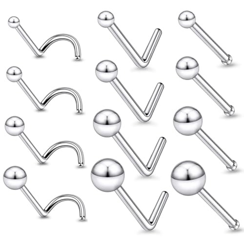 JEYORZY 12 Stück Stecker L Form Nasenstecker Nasenpiercing Set, Nasenpiercing Silber Nasenring Nasenstecker, Chirurgenstahl Nostril Piercing Schmuck Damen Herren Nase Piercing Schmuck Nasenpiercing von JEYORZY