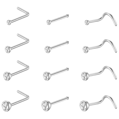 JEYORZY 12 pcs Silber Nasenpiercing, Nasenring Piercing Set, Nasenpiercing Steck Chirurgenstahl Silber L-Form Nasenstecker Piercing Nase Nose Stud Ring Nostril Piercing Damen Nasen Piercing Nase von JEYORZY