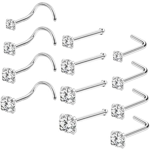 JEYORZY 12pcs Silber Nasenpiercing, Chirurgenstahl Nasenring Piercing Set, Nasenstecker mit Zirkonia, Nose Stud Nose Ring Screw L Shaped Nose Ring Stud, Nose Piercing Jewellery, für Frauen und Männer von JEYORZY