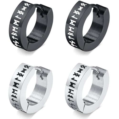 JEYORZY 2 Paar Mode Punk Ohrringe Creolen, Wikinger Ohrringe Männer, Wikinger Hoop Ohrring, Amulett Schutz Schmuck Edelstahl Herren Ohrstecker mit Runen, für Herren Damen, Weihnachten Geschenk von JEYORZY