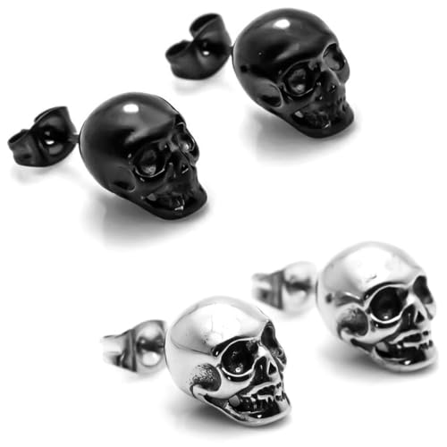 JEYORZY 2 Paar Totenkopf Ohrringe Edelstahl Herren Schädel Ohrringe, Halloween Karneval Totenkopf Herren Ohrringe Schädel Ohrstecker Hip Hop Punk Jazz Ohr Schmuck Totenkopf Ohrringe Rock von JEYORZY